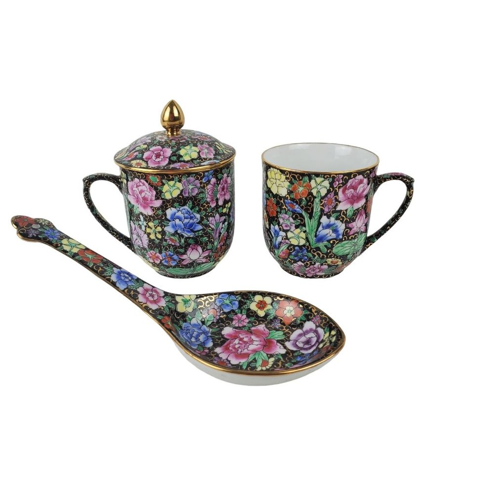 Chinese Floral Ceramic Coffee Mug: Hand-Painted with Creamer, Spoon Rest, Bell